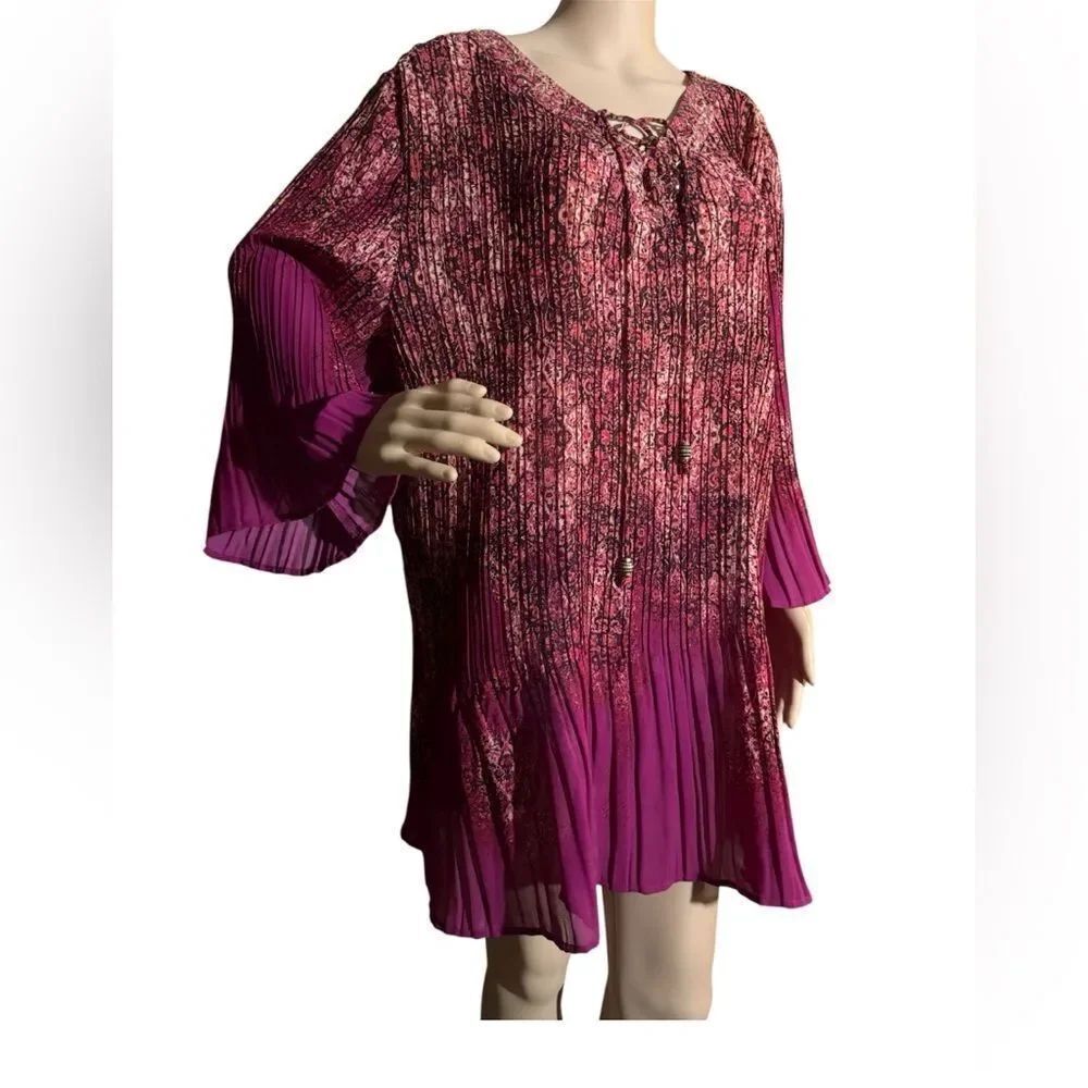 Catherine's Embroidered Drama Berry Tie Neck Accordion Bell Sleeve fuchsia 3X